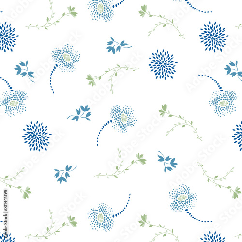 Flowers and leaves pattern with floating scattered buds