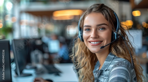Cheerful Call Center Agent Wearing Headset and Working on Computer in Office