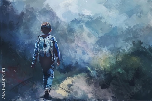 young student walking alone to school thoughtful boy with backpack on path digital painting