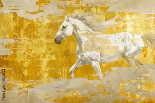 abstract vintage chinoiserie background with golden brush strokes and horse illustrations artistic design photo