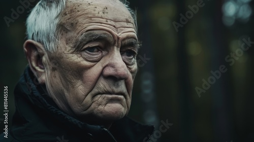 A somber portrait of a senior man staring into the distance  parts of his head subtly fading into the surroundings  symbolizing the gradual loss of memories and identity.