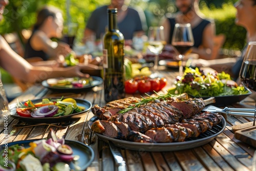 backyard dinner table with tasty grilled bbq meat salads and wine happy people enjoying meal photo photo