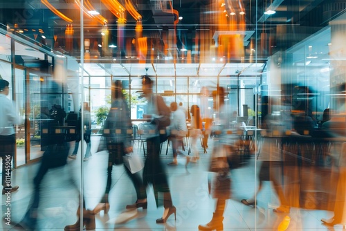 blurred motion of diverse businesspeople walking in modern office building coworking and collaboration concept abstract photo