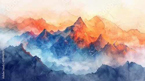 Artistic watercolor illustration of foggy peaks glowing under the morning sun, the warm hues illuminating the mountain pass photo