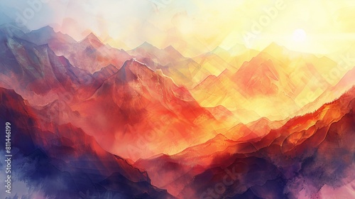 Artistic watercolor illustration of foggy peaks glowing under the morning sun  the warm hues illuminating the mountain pass