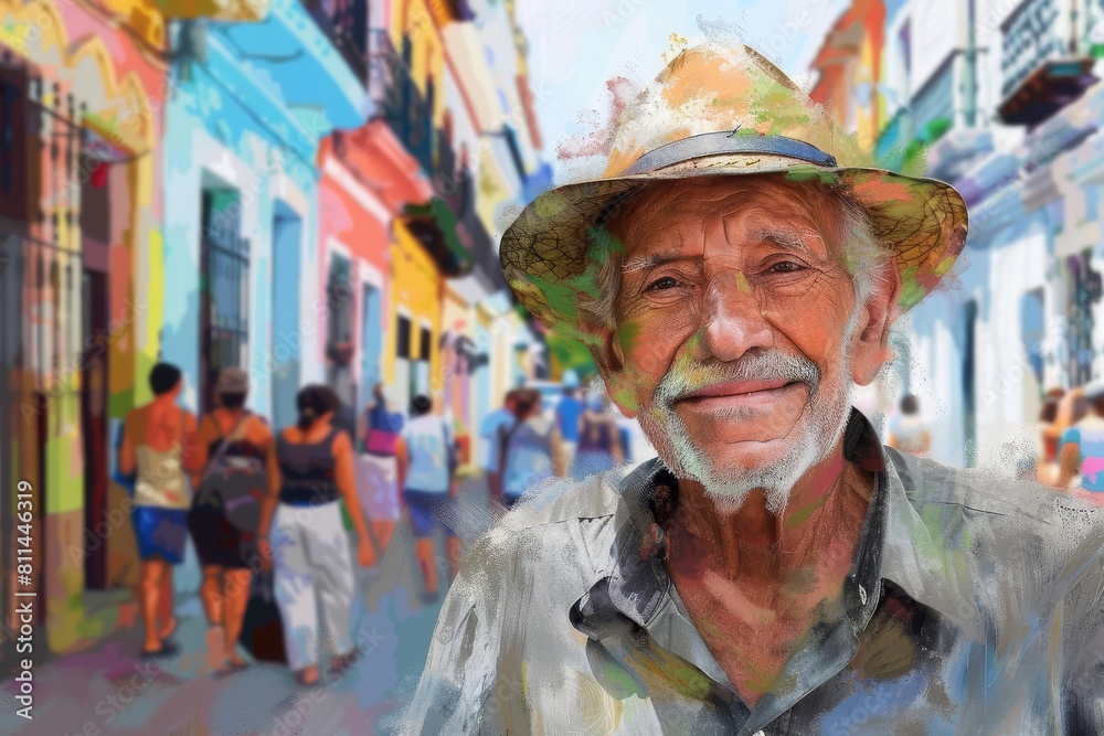 charming elderly hispanic gentleman smiling warmly on vibrant latin american city street digital painting