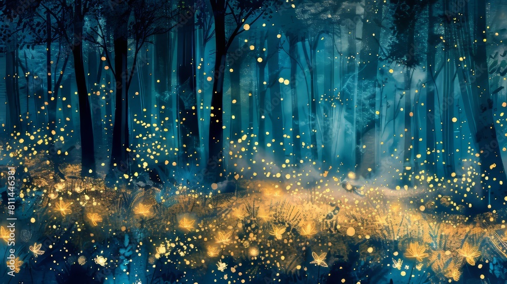 Artistic watercolor of a forest glade filled with fireflies, their glowing bioluminescent trails painting intricate shapes in the night