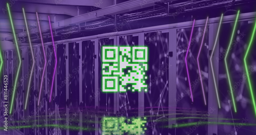 Image of data processing and qr code over server room Image of data processing and qr code over server room