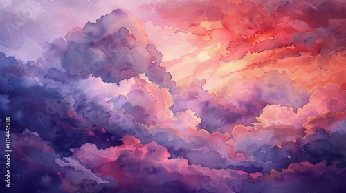Artistic watercolor of large, fluffy clouds lit by the last rays of sunset, the sky blending deep purples and reds to create a dramatic, miraculous effect photo