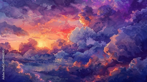 Artistic watercolor of large, fluffy clouds lit by the last rays of sunset, the sky blending deep purples and reds to create a dramatic, miraculous effect