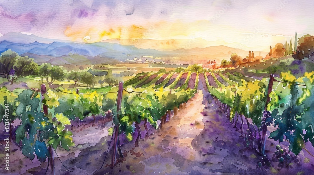 Artistic watercolor scene of grapevines bathed in twilight glow, the vineyard's neat rows creating a serene and picturesque setting