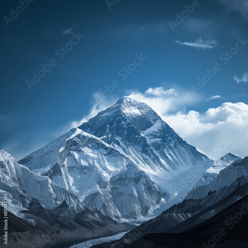 Majestic Summit of Mount Everest under Blue Sky