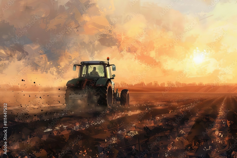 farmer driving tractor preparing field for spring planting season agricultural labor at sunrise digital painting farmer driving tractor preparing field for spring planting season agricultural labor at sunrise digital painting