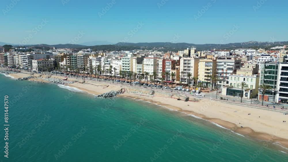 Panoramic aerial view of the city Lloret de Mar in Spain with its coastline, beach and houses on sunny day, 4K Panoramic aerial view of the city Lloret de Mar in Spain with its coastline, beach and houses on sunny day, 4K