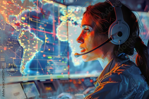 focused emergency services dispatcher speaking into headset while studying tracking maps on screens digital painting illustration