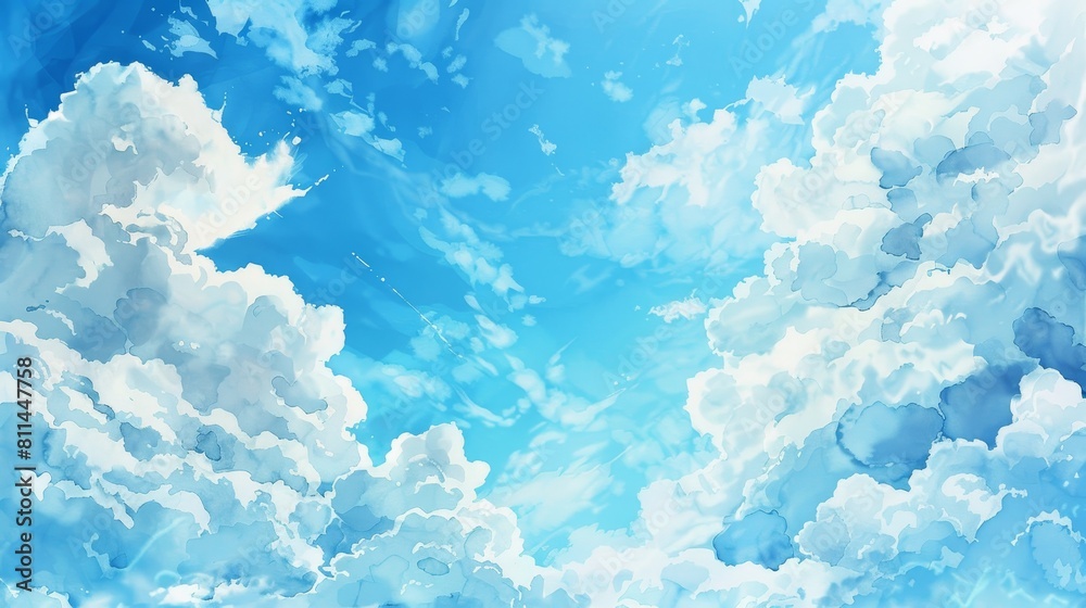 Fototapeta premium Delicate watercolor painting featuring soft, wispy white clouds drifting across a bright blue sky, evoking a sense of calm and wonder