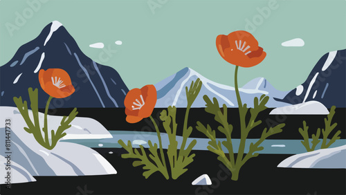 Red Poppy Blooming Solitarily in Icy Polar Landscape with Mountain Views