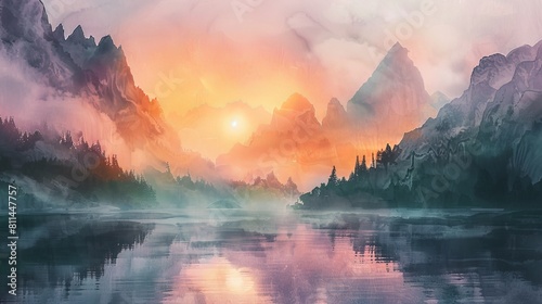Delicate watercolor painting of a mist-covered lake surrounded by towering peaks  the orange-pink sunset reflecting off the serene waters