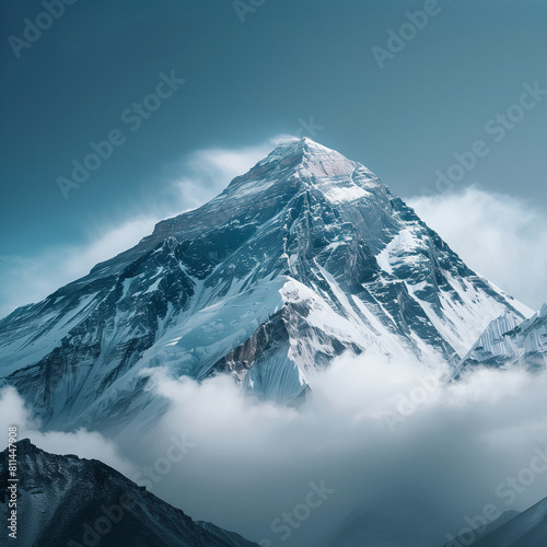 Majestic Summit of Mount Everest Shrouded in Clouds