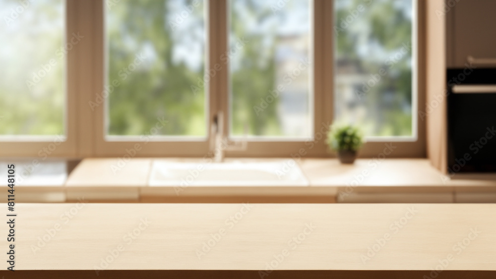 Free space table top background on blurred kitchen window interior. Generative Ai Free space table top background on blurred kitchen window interior. Generative Ai