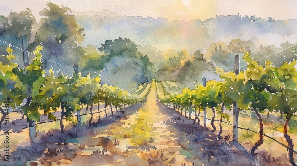 Naklejka premium Dreamlike watercolor of rows of grapevines bathed in the early morning sun, the mist creating a picturesque blend of light and shadow