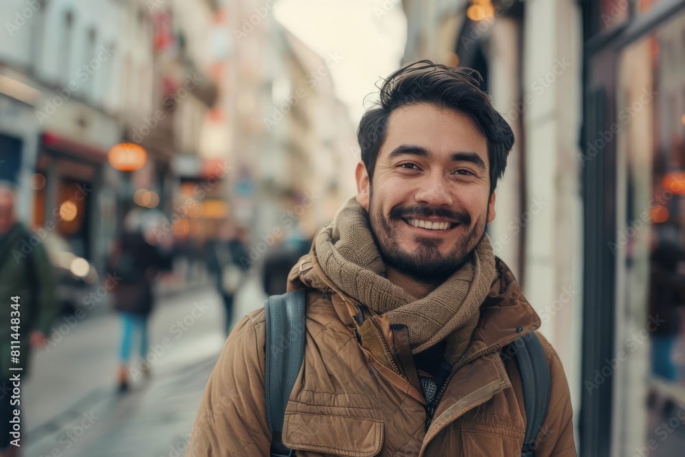 portrait of an attractive smiling man standing on city street urban lifestyle photography