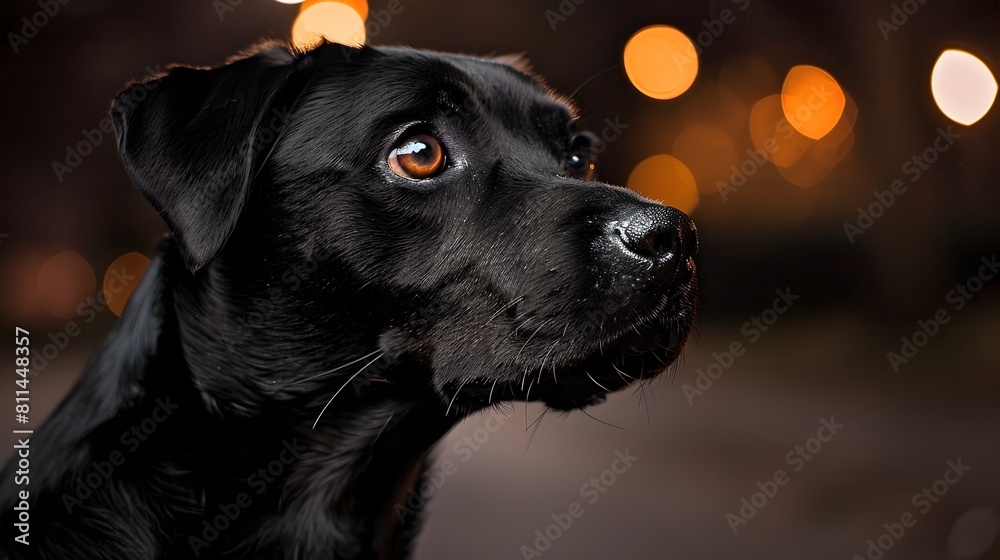 Attentive Black Canine Watchfully Sitting Amid Nighttime City Lights Attentive Black Canine Watchfully Sitting Amid Nighttime City Lights