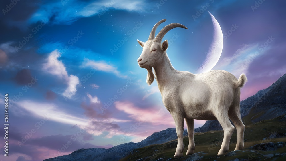 A Goat standing on a mountainside against a beautifully sky And crescent moon of Eid Mubarak, Eid al Adha Goat background with copy space to write eid mubarak quotes and wishes A Goat standing on a mountainside against a beautifully sky And crescent moon of Eid Mubarak, Eid al Adha Goat background with copy space to write eid mubarak quotes and wishes