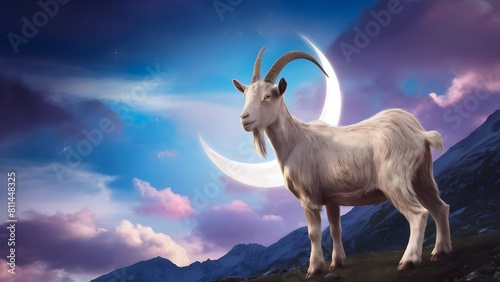 A Goat standing on a mountainside against a beautifully sky And crescent moon of Eid Mubarak  Eid al Adha Goat background with copy space to write eid mubarak quotes and wishes