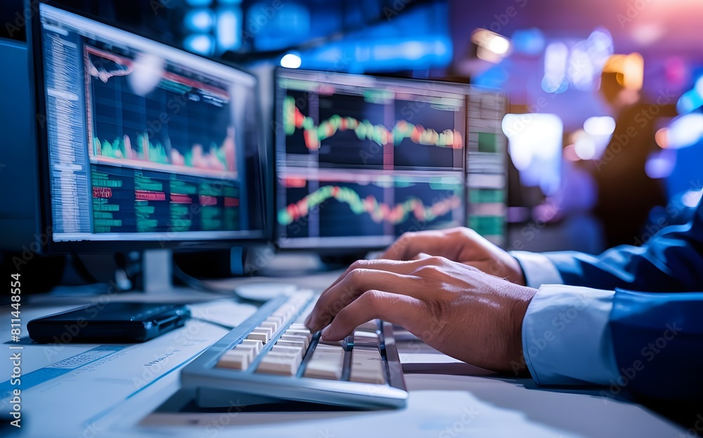 Hands of trader typing on keyboard in front of computer monitor displaying stock market data, 3d render, conceptual art, cinematic, photo, poster Hands of trader typing on keyboard in front of computer monitor displaying stock market data, 3d render, conceptual art, cinematic, photo, poster