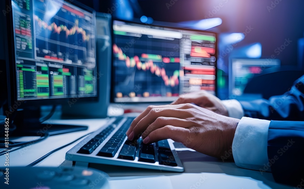 Hands of trader typing on keyboard in front of computer monitor displaying stock market data, 3d render, conceptual art, cinematic, photo, poster Hands of trader typing on keyboard in front of computer monitor displaying stock market data, 3d render, conceptual art, cinematic, photo, poster