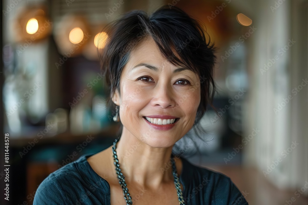 smiling midaged asian woman looking at camera friendly and approachable portrait smiling midaged asian woman looking at camera friendly and approachable portrait