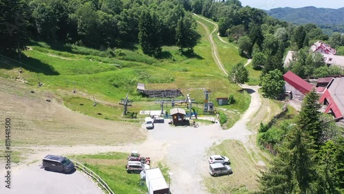 Aerial video on a cable car with tourists in Italy photo