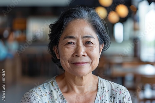 smiling midaged asian woman looking at camera friendly and approachable portrait