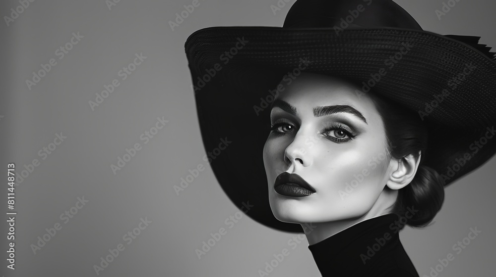 A timeless portrait of a model, the black hat perched jauntily atop her head, framing her meticulously styled hair and makeup, evoking a blend of classic glamour and modern sophistication. A timeless portrait of a model, the black hat perched jauntily atop her head, framing her meticulously styled hair and makeup, evoking a blend of classic glamour and modern sophistication.