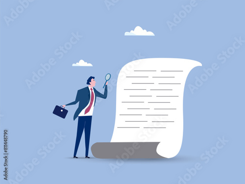 Document checking, agreement or contract validation, financial or budget analysis, search for document files concept, businessman manager holding big magnifying glass checking document paper.
