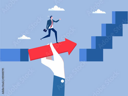 Live coaching support services ,Hand fill the gap with the arrow to help a businessman to keep running forward achieve a target concept