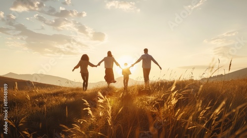 A family of four is running through a field of tall grass
