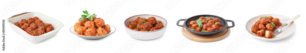Set of tasty meat balls with tomato sauce on white background Set of tasty meat balls with tomato sauce on white background