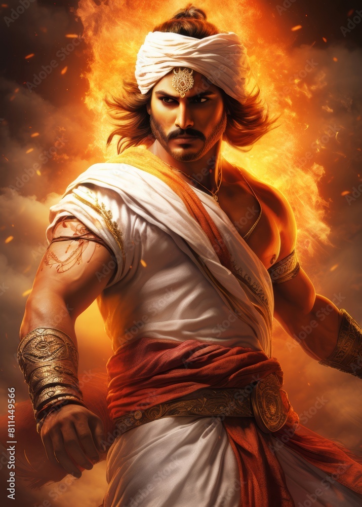 Fototapeta premium A Hindu warrior, wielding a sword, adorned with a saffron turban and white attire