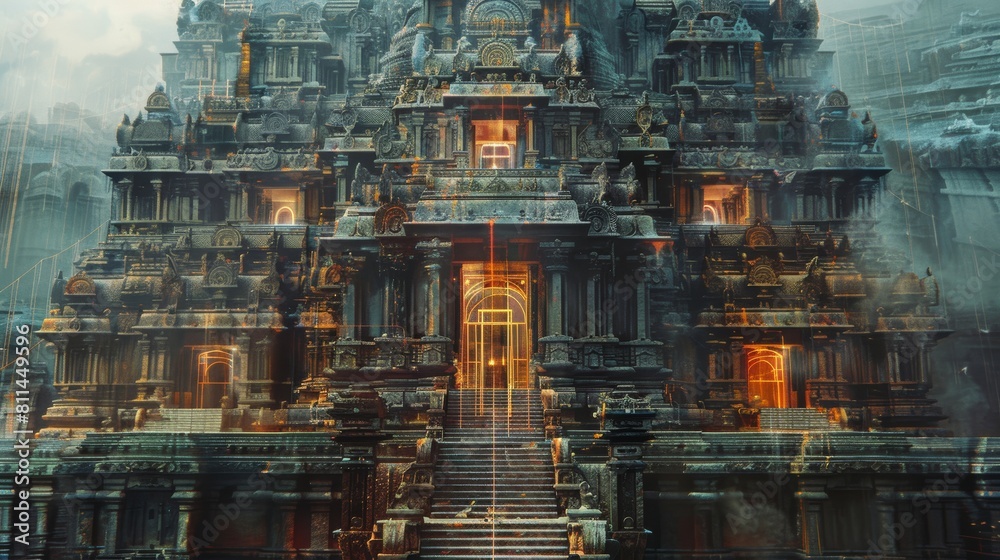 A majestic Hindu temple with a scientific diagram overlay, suggesting a connection