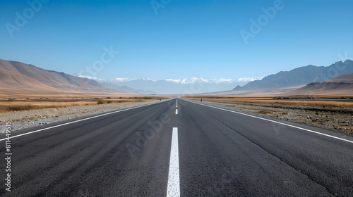 a highway road had a beautiful landscape background. The clean asphalt floor had white markings for advertising and travel or car concepts 