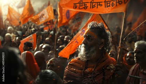 A hindu politician in a rally, with people holding orange flags © ProArt Studios