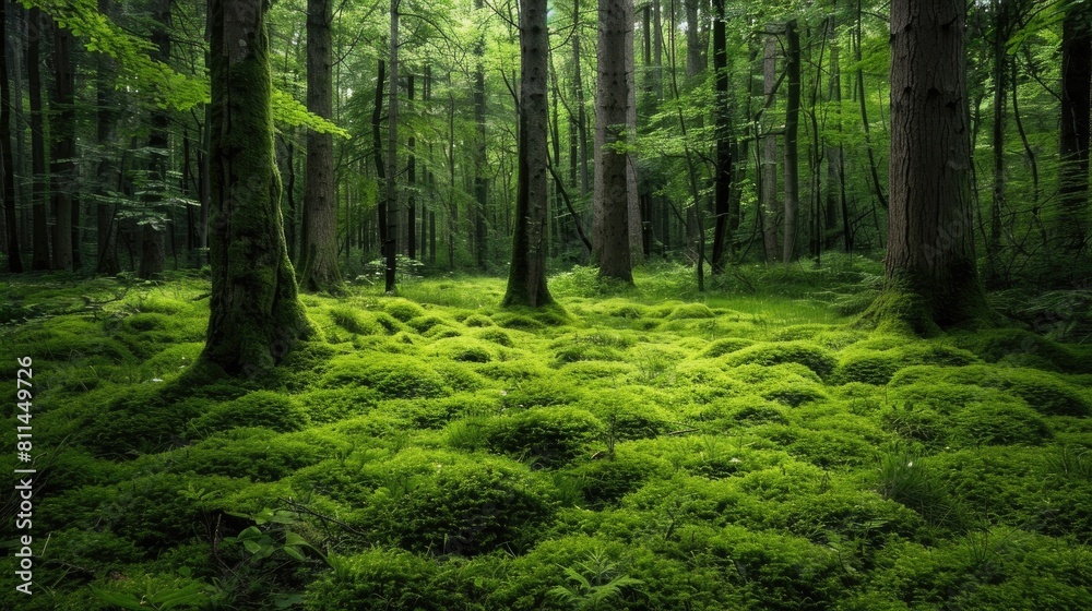 Obraz premium Immerse yourself in the lush green forest where trees are cloaked in moss acting as a natural carbon capture system Through sustainable forest management these trees tirelessly absorb carbo