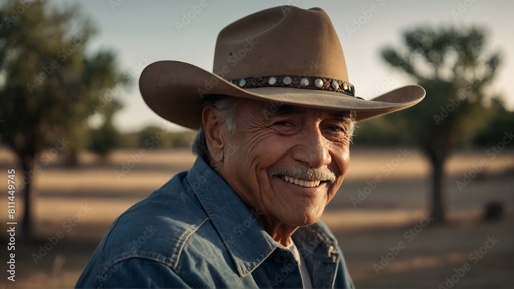 Smiling senior Hispanic man wearing a cowboy hat looking at the camera