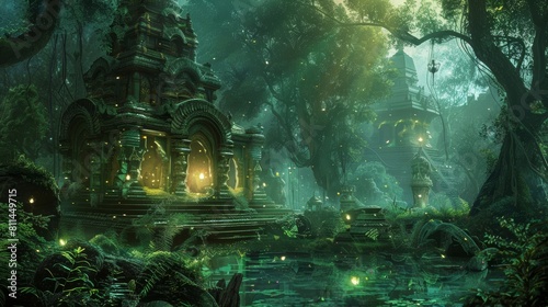 a serene jungle with glowing plants and hindu temple  fantasy