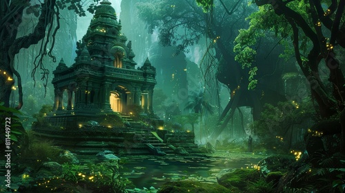 a serene jungle with glowing plants and hindu temple  fantasy