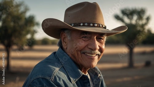 Smiling senior Hispanic man wearing a cowboy hat looking at the camera