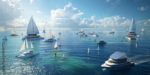 An expansive view of a solar-powered, floating maritime city, with a variety of watercraft utilizing clean energy, showcasing a harmonious blend of technology and marine conservation. photo