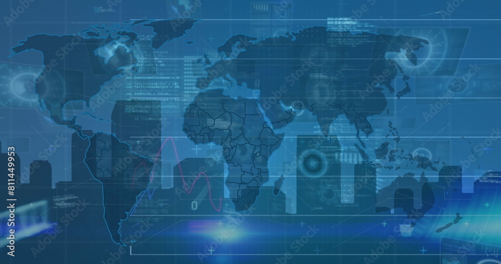 Fototapeta premium Image of digital interface and data processing over blue background